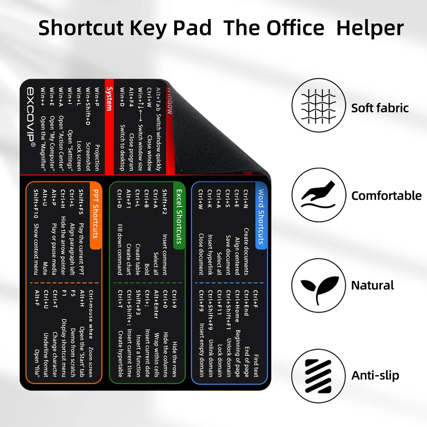 EXCO Office Shortcuts Mouse Pad – Small Non-Slip Rubber Base