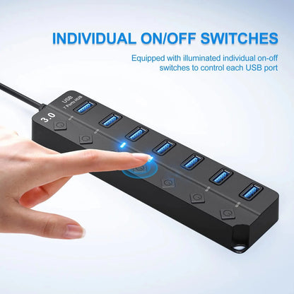 7-in-1 USB 3.0 Hub with Power Adapter & Individual Switches – High-Speed USB Expander