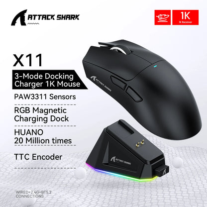 Attack Shark X11 Wireless Gaming Mouse – 22000DPI, RGB, Bluetooth, 3 Modes, Charging Dock