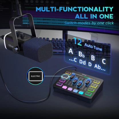 FIFINE All-in-One Podcast Kit with RGB Audio Mixer,Streaming Studio Set with Dynamic Mic for PC Gaming Recording-Ampligame KS5