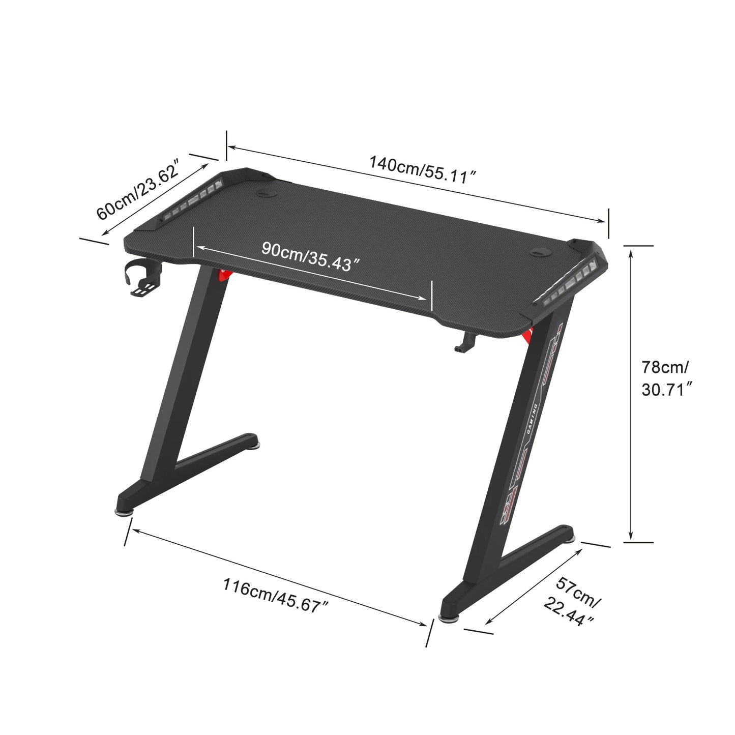 Z-Shaped Computer Gaming Desk with RGB LED Lights – 140cm Home Office Table