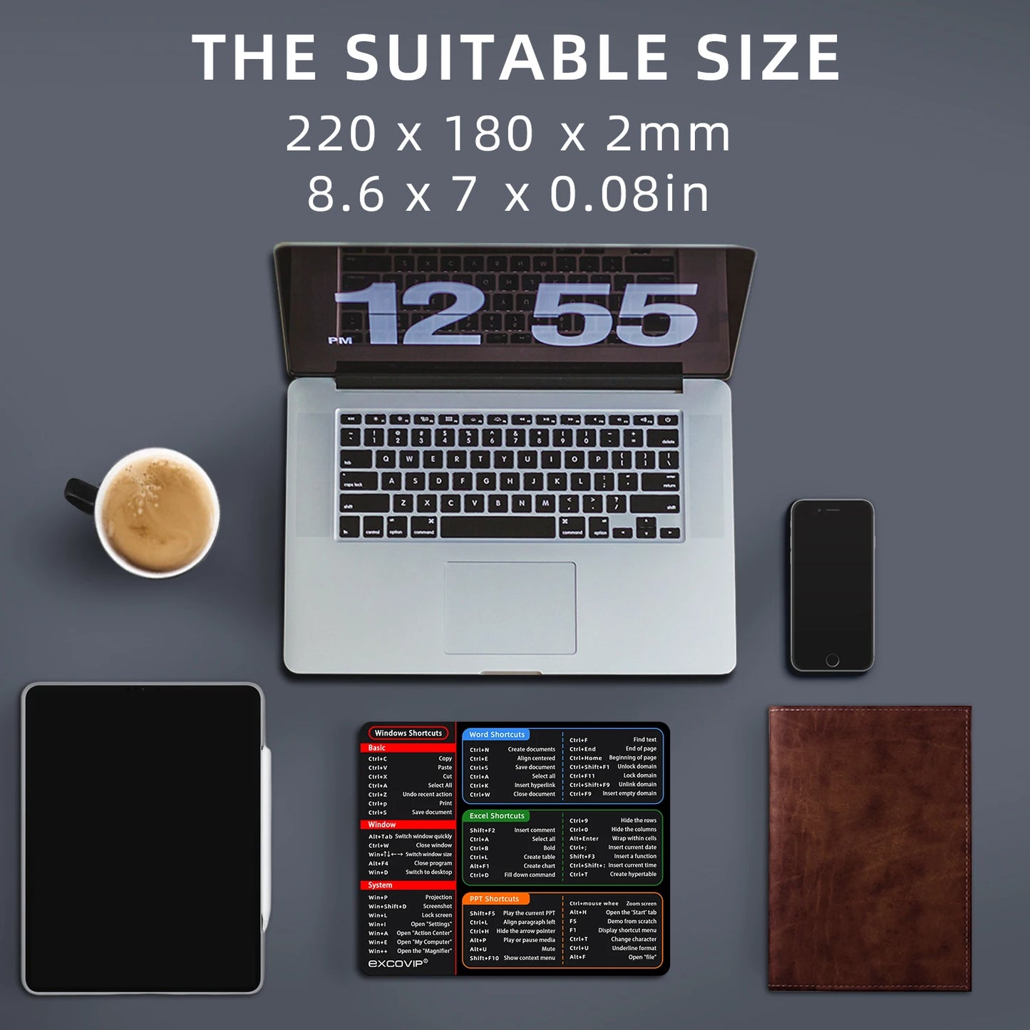 EXCO Office Shortcuts Mouse Pad – Small Non-Slip Rubber Base