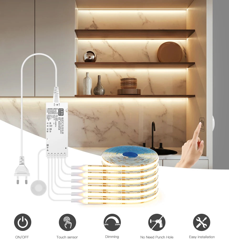 Under Cabinet Collection Display COB LED Strip Light Bookcase Wardrobe Closet Lamp Tape Penetrable Wood Dimmable Touch Sensor