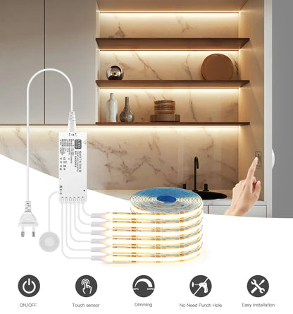 Under Cabinet Collection Display COB LED Strip Light Bookcase Wardrobe Closet Lamp Tape Penetrable Wood Dimmable Touch Sensor