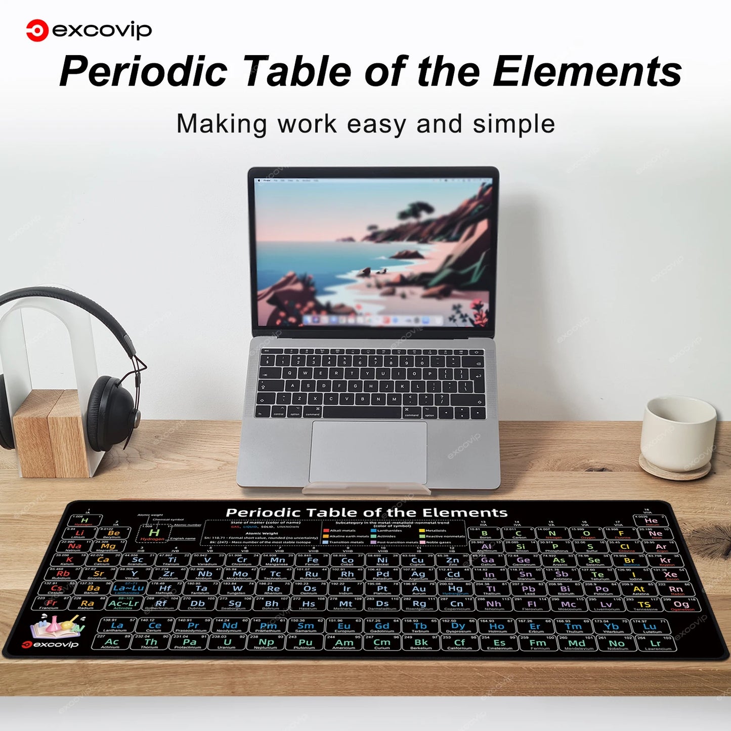 EXCO Periodic Table of Elements Mouse Pad – Large 800x300mm Desk Mat, Non-Slip Rubber Base, Stitched Edge