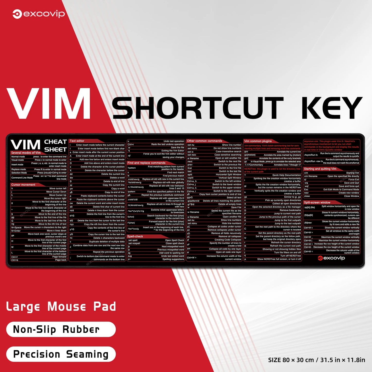 EXCO Vim Text Editor Mouse Pad – Large Cheat Sheet Desk Mat with Stitched Edge