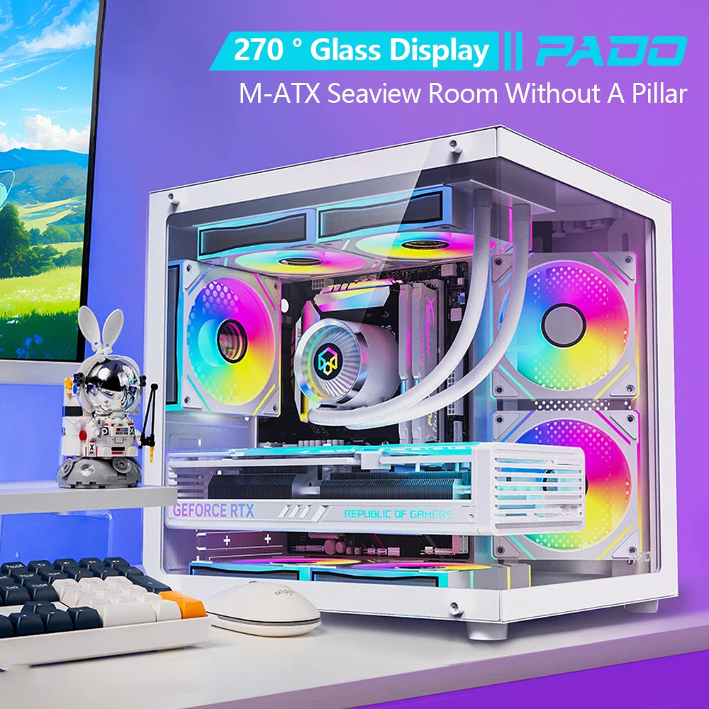 PADO YL M-ATX PC Case – 270° Panoramic Double-Sided Tempered Glass, Compact Aluminum Alloy Chassis