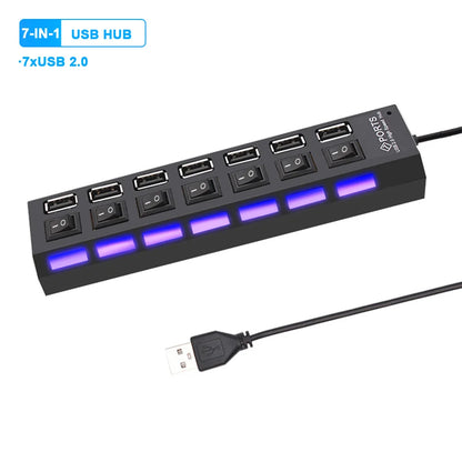 7-in-1 USB 3.0 Hub with Power Adapter & Individual Switches – High-Speed USB Expander