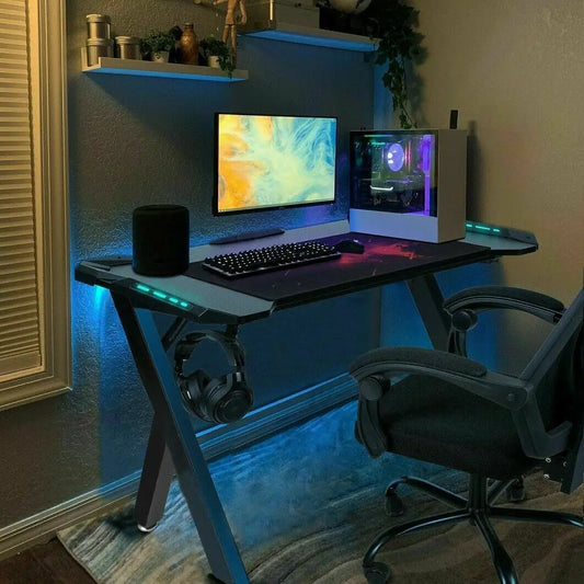 Gaming Desk PC Workstation with RGB LED Lights – Ergonomic Design, Headphone Hook & Cup Holder