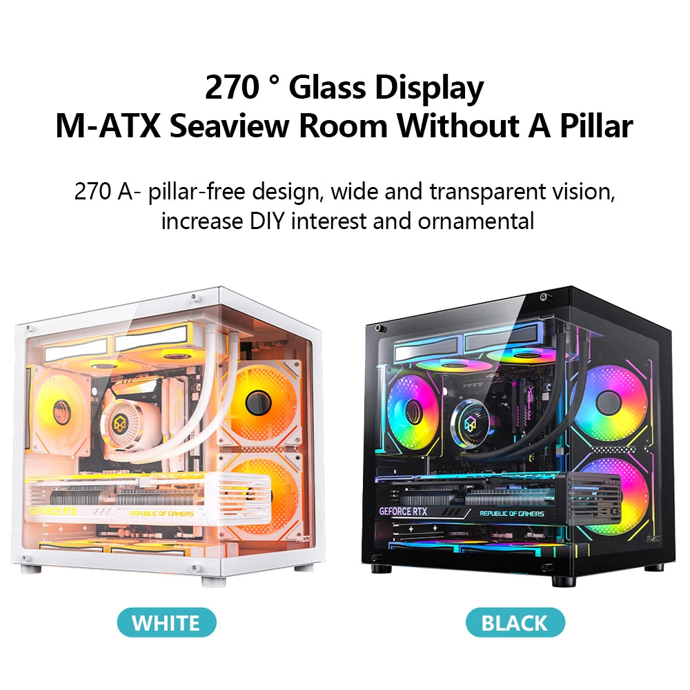 PADO YL M-ATX PC Case – 270° Panoramic Double-Sided Tempered Glass, Compact Aluminum Alloy Chassis