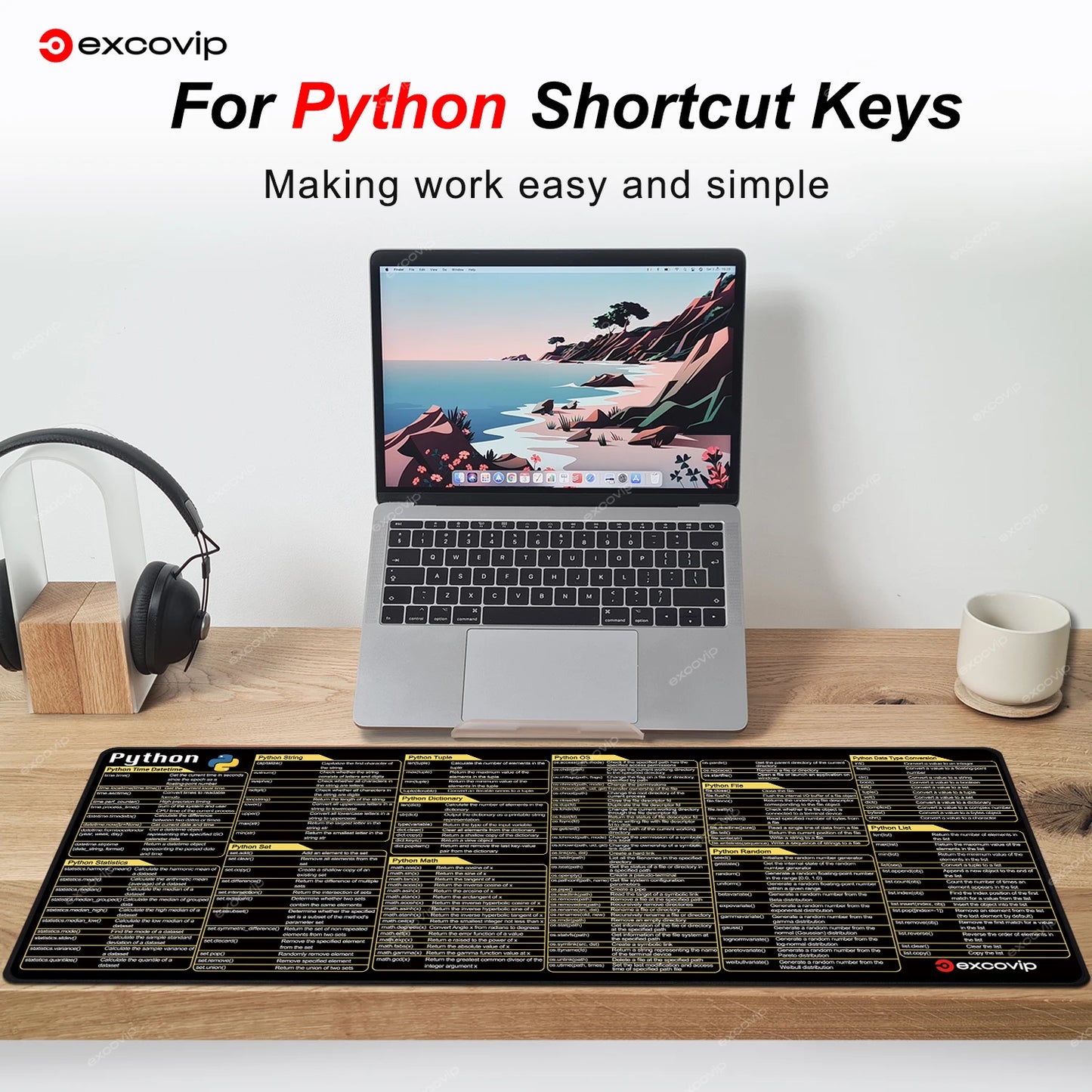 EXCO Python Programming Mouse Pad – Large Cheat Sheet Desk Mat with Stitched Edge