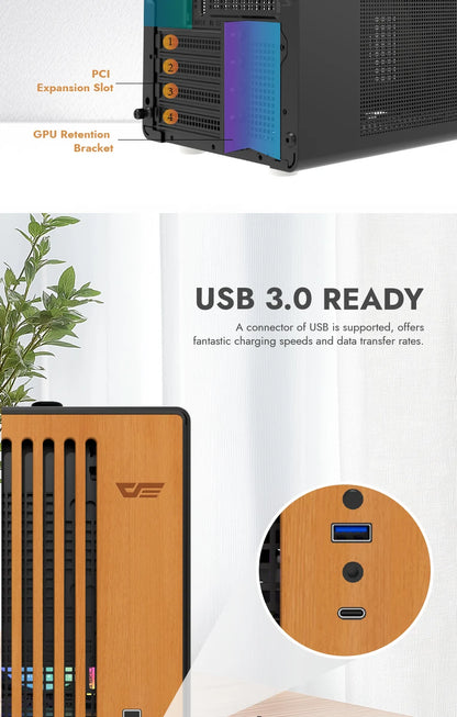 DarkFlash WD200 Portable Handheld PC Case – M-ATX/ITX, Aluminum & Wood Edition, USB 3.0 Type-C, DIY Gaming Chassis