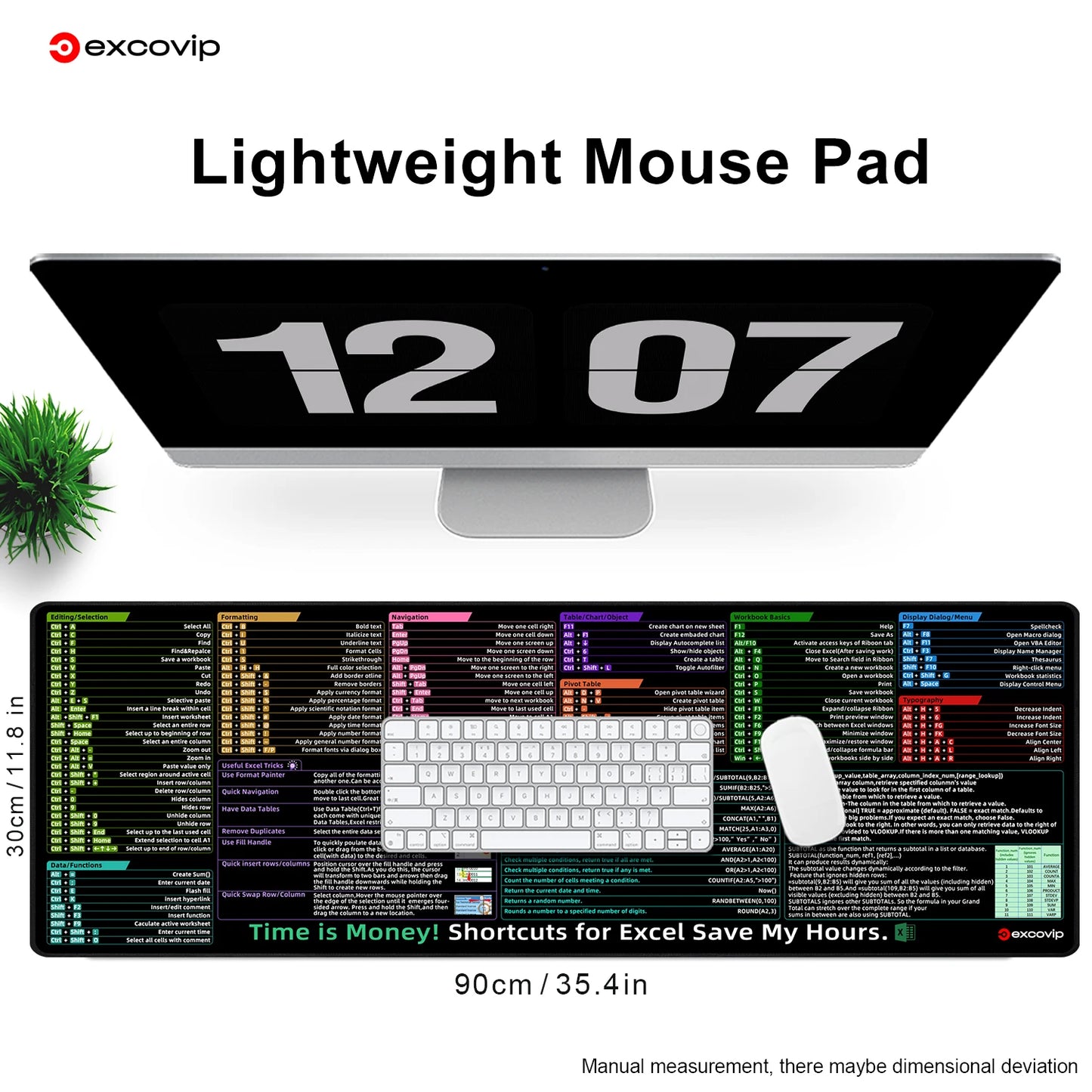 EXCO Excel Shortcuts Mouse Pad – Large Extended Desk Mat with Stitched Edge