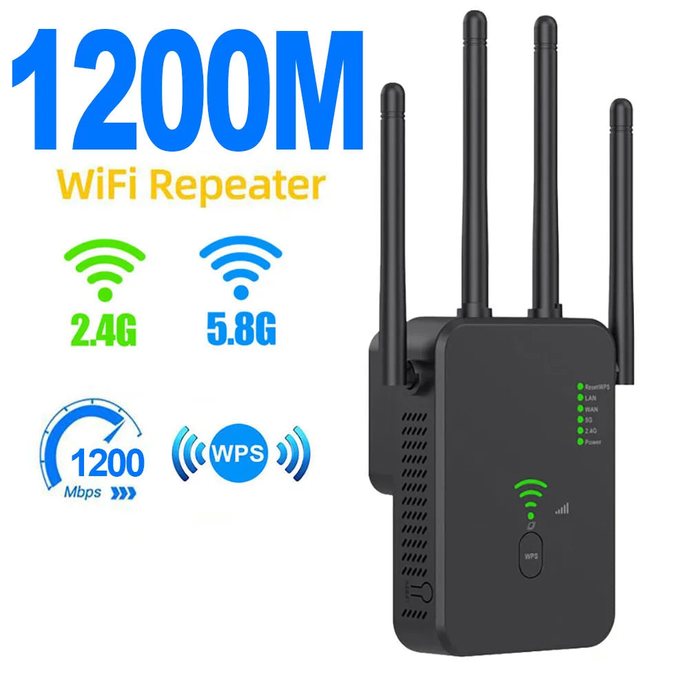 1200Mbps Wireless WiFi Repeater – Dual-Band 2.4G/5G Signal Booster with WPS