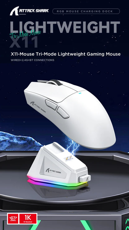 Attack Shark X11 Wireless Gaming Mouse – 22000DPI, RGB, Bluetooth, 3 Modes, Charging Dock