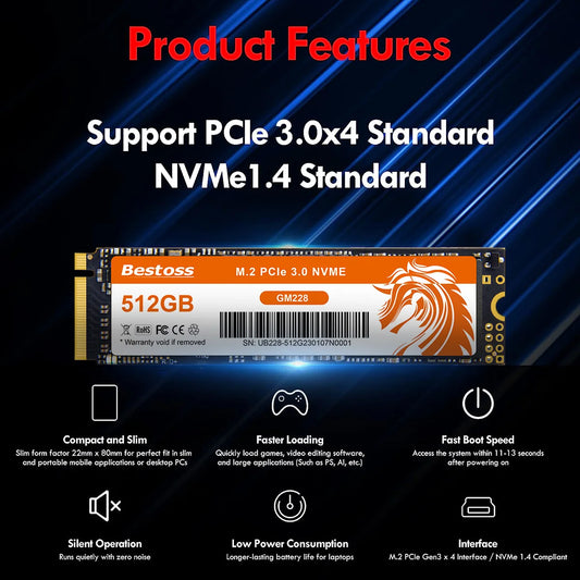 Bestoss NVMe M.2 SSD – 256GB/1TB, PCIe 3.0 x4, High-Speed Internal SSD for Laptops & Gaming PCs