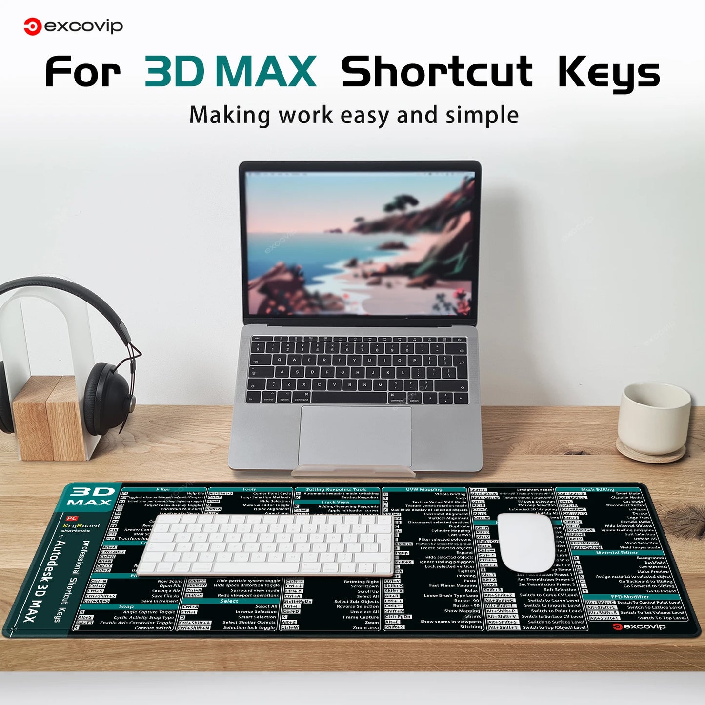 EXCO 3D Studio Max Shortcuts Mouse Pad – Large 800x300mm Desk Mat, Non-Slip Rubber Base, Stitched Edge