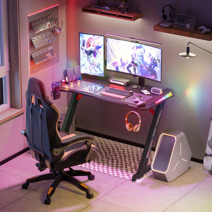 Z-Shaped Computer Gaming Desk with RGB LED Lights – 140cm Home Office Table