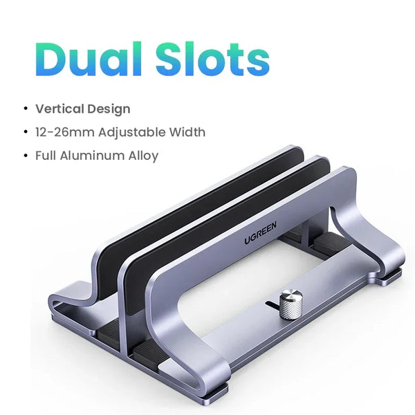 UGREEN Dual Slot Vertical Laptop Stand – Adjustable Aluminum Holder for MacBook, Dell, HP, & 15.6" Laptops