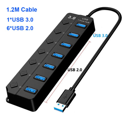 7-in-1 USB 3.0 Hub with Power Adapter & Individual Switches – High-Speed USB Expander