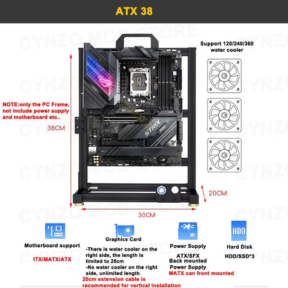 Cynzo Open Frame PC Case – ITX/MATX/ATX/E-ATX, Aluminum Alloy, DIY Gaming Chassis, Water Cooling Support