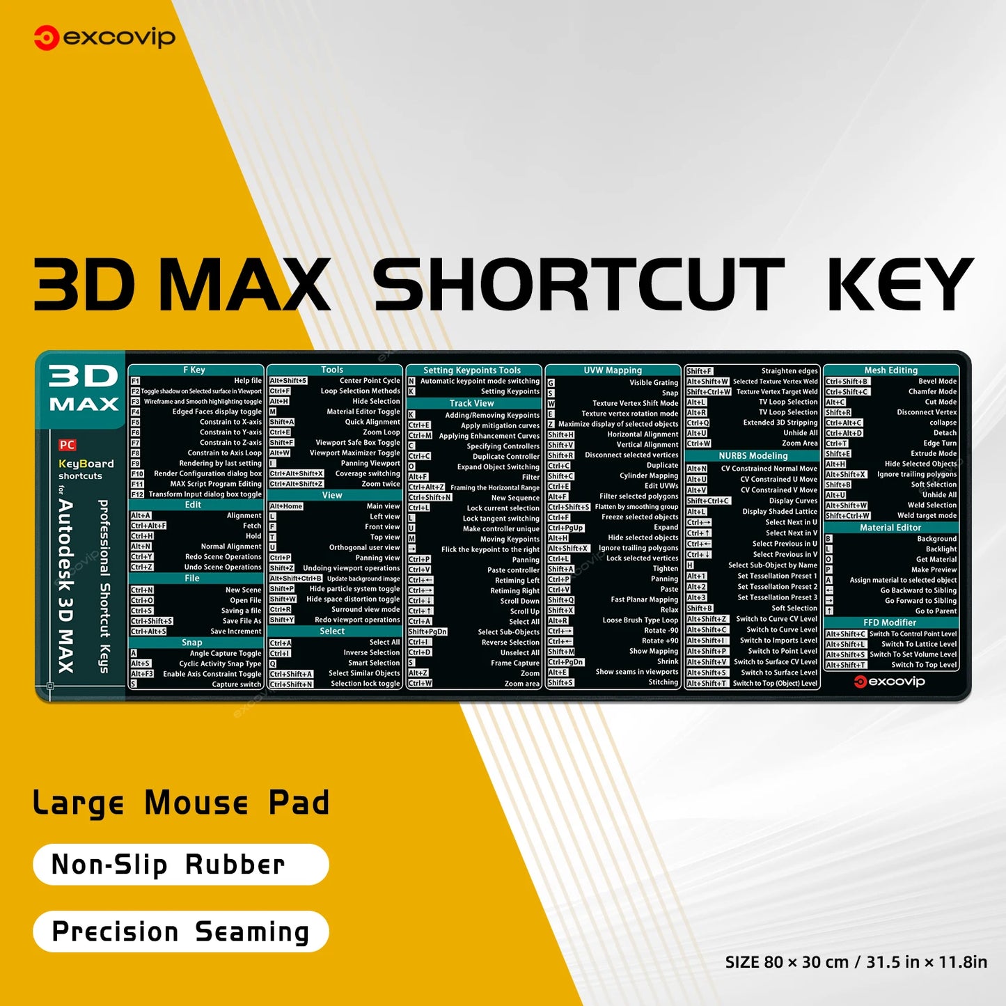 EXCO 3D Studio Max Shortcuts Mouse Pad – Large 800x300mm Desk Mat, Non-Slip Rubber Base, Stitched Edge