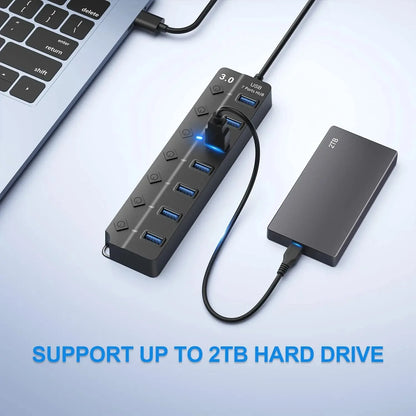 7-in-1 USB 3.0 Hub with Power Adapter & Individual Switches – High-Speed USB Expander