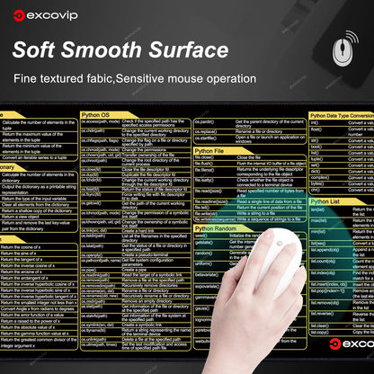 EXCO Python Programming Mouse Pad – Large Cheat Sheet Desk Mat with Stitched Edge