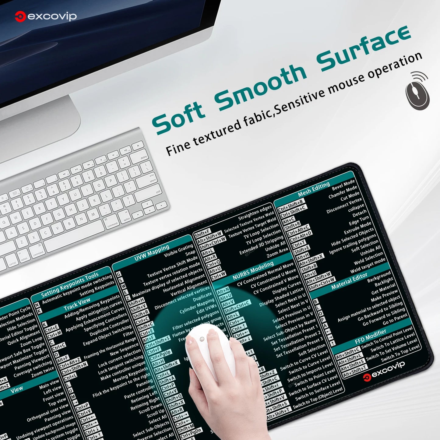 EXCO 3D Studio Max Shortcuts Mouse Pad – Large 800x300mm Desk Mat, Non-Slip Rubber Base, Stitched Edge