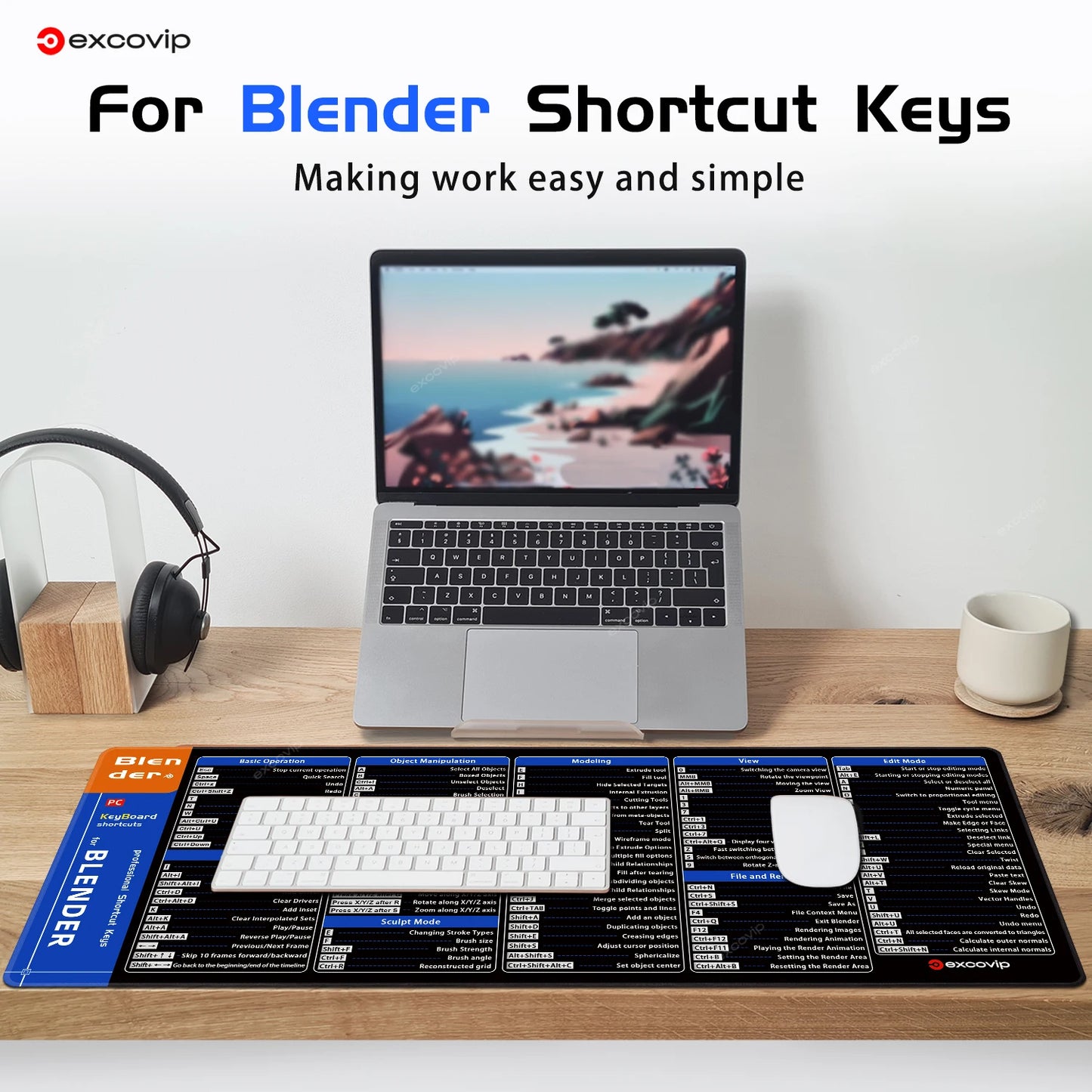 EXCO Blender 3D Modeling Shortcuts Mouse Pad – Large Non-Slip Desk Mat