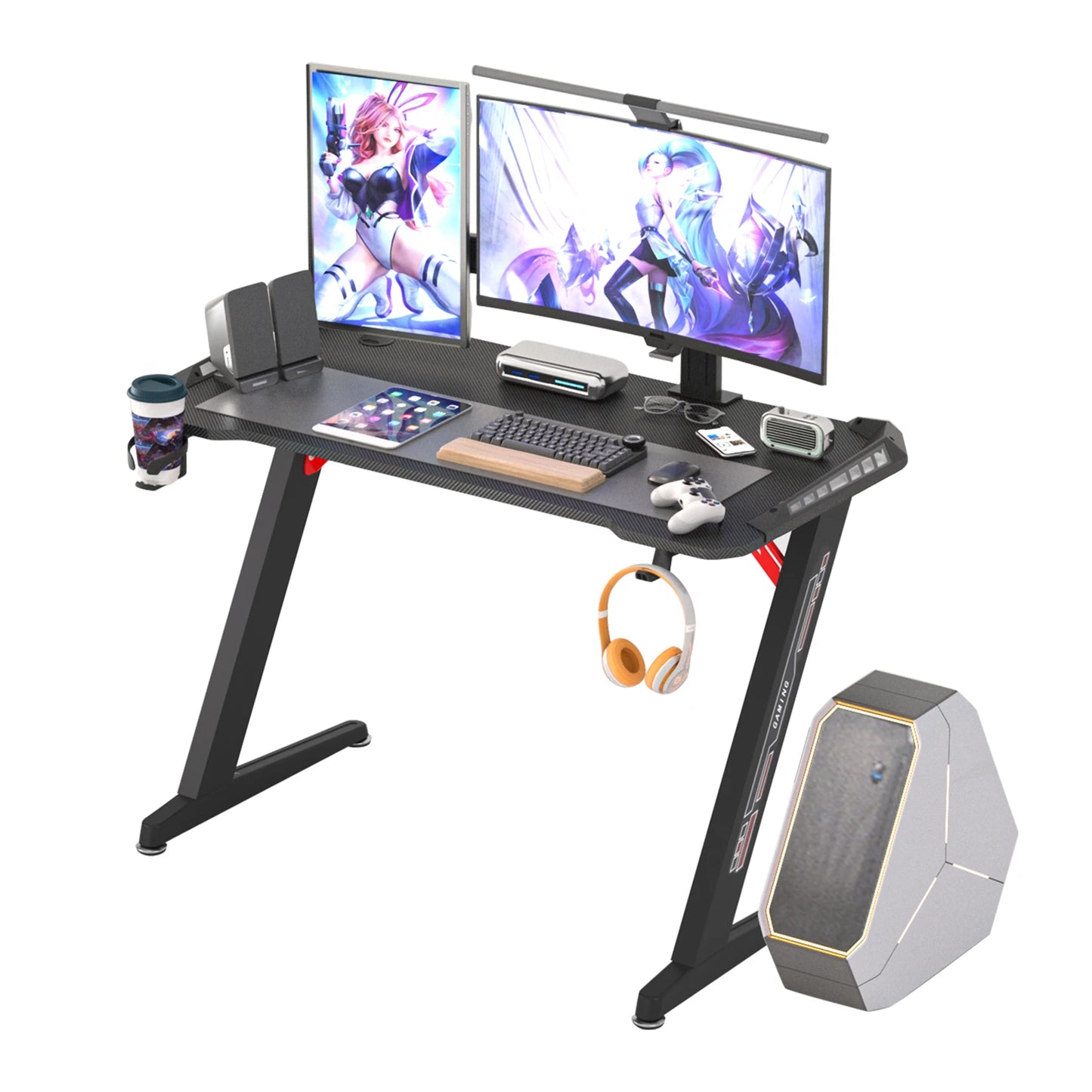 Z-Shaped Computer Gaming Desk with RGB LED Lights – 140cm Home Office Table