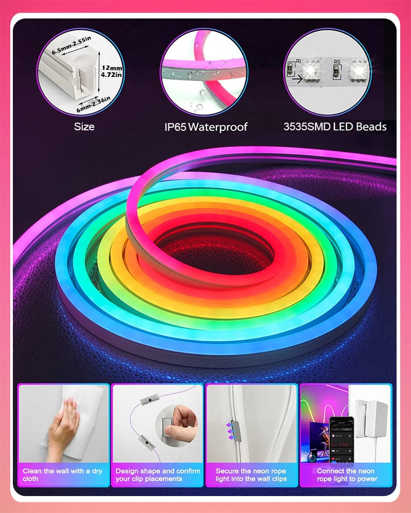 TUYA Neon LED Strip Lights 12-24V 84LEDs/M Silicone Neon Rope Light with Music Sync RGBIC Dreamcolor Chasing Strip Tape for Room