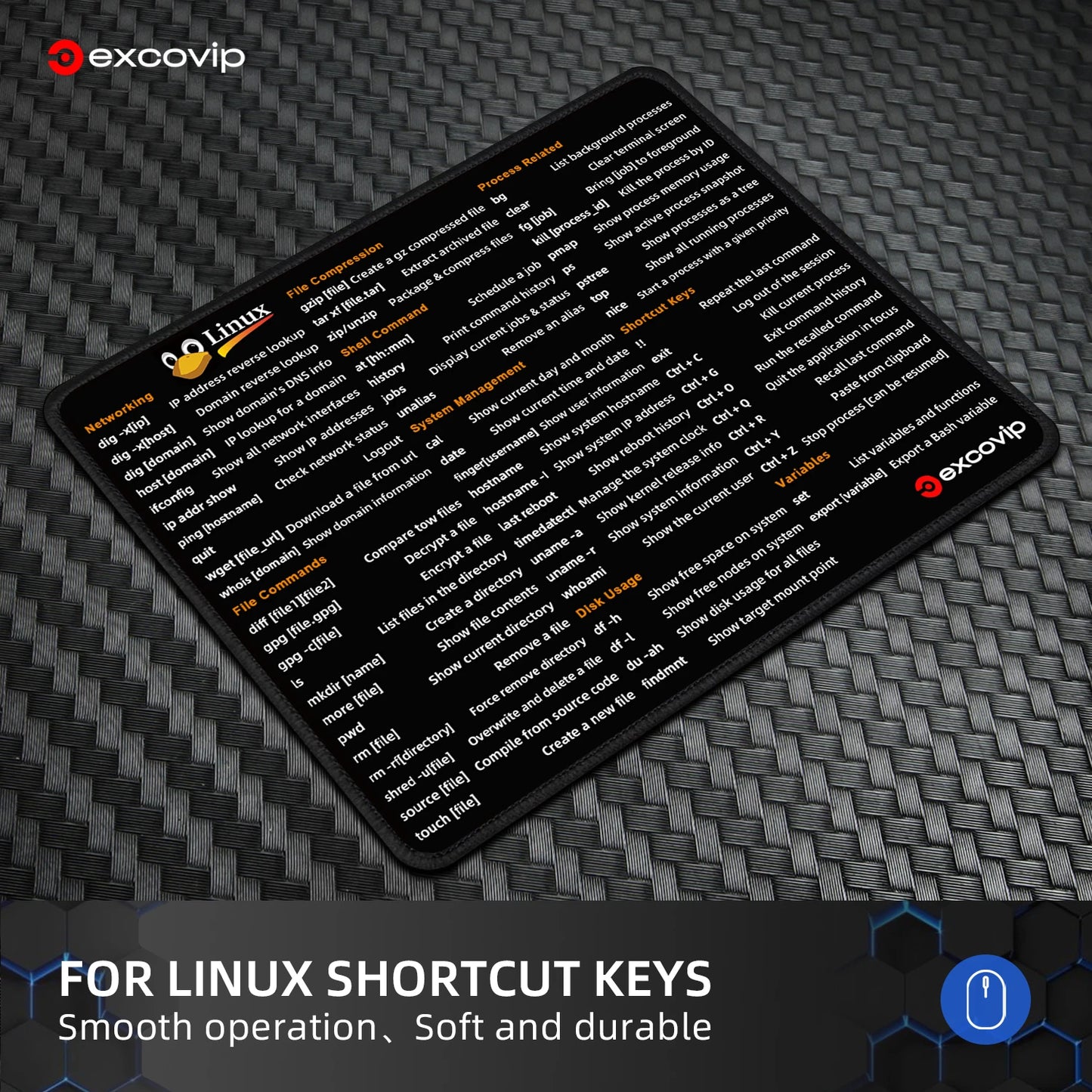 EXCO Linux Shortcuts Mouse Pad – 260x210mm, Non-Slip Rubber Base, Stitched Edge, Command Line Cheat Sheet