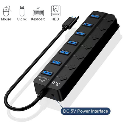 7-in-1 USB 3.0 Hub with Power Adapter & Individual Switches – High-Speed USB Expander