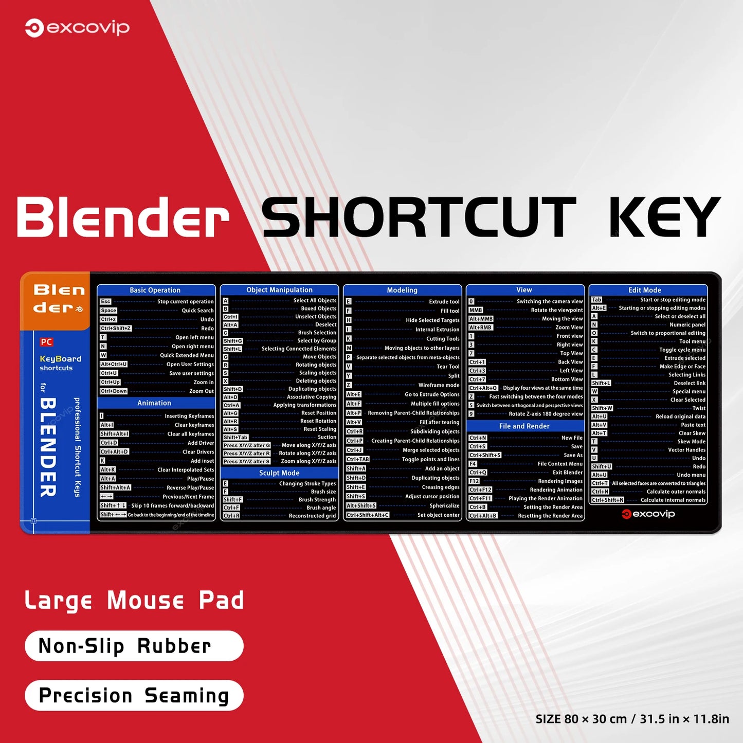 EXCO Blender 3D Modeling Shortcuts Mouse Pad – Large Non-Slip Desk Mat