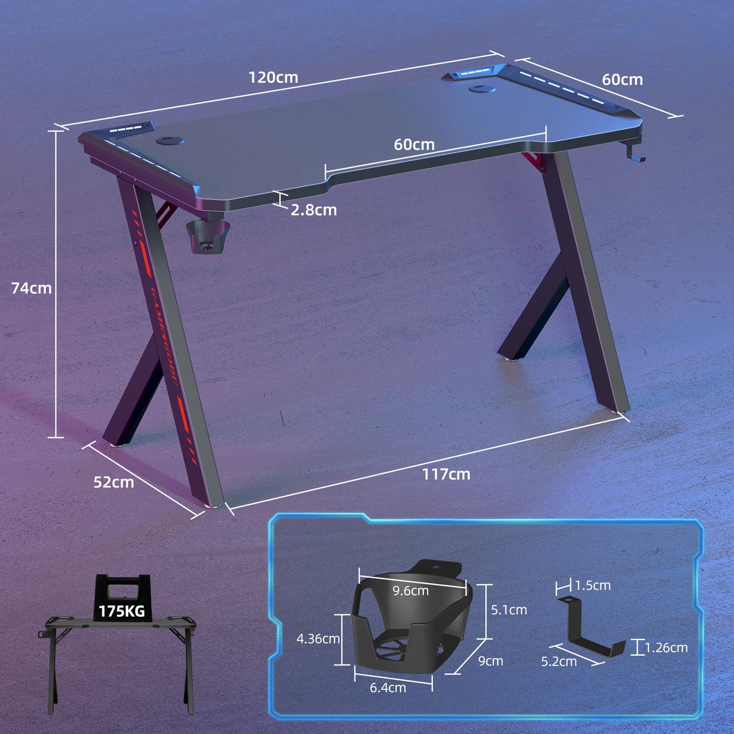 Gaming Desk PC Workstation with RGB LED Lights – Ergonomic Design, Headphone Hook & Cup Holder