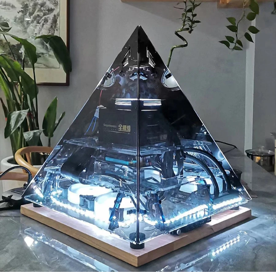 Black Crystal Pyramid Acrylic Mid-Tower Gaming PC Case – Panoramic E-Sports Design