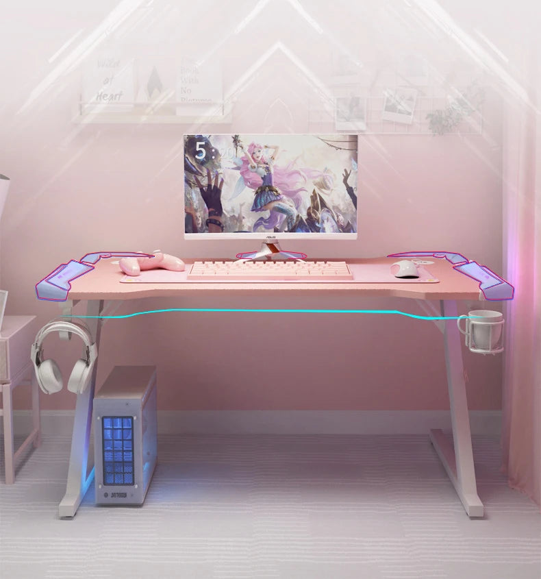 New Pink gaming table with RGB light fashion female anchor computer desk bedroom study desk girls boy black desk 100/120CM desk