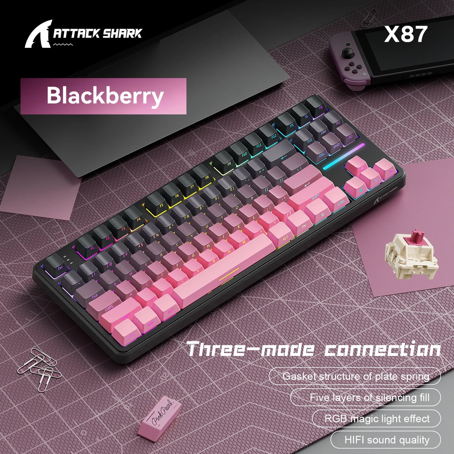 Attack Shark X87 Wireless Mechanical Gaming Keyboard – RGB, Hot-Swappable Strawberry Axis, 87 Keys