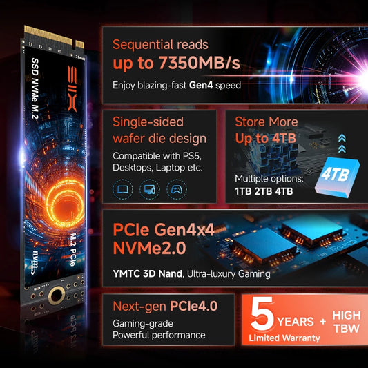 SIX PCIe 4.0 NVMe M.2 SSD – 1TB/2TB/4TB, 7350MB/s Read, PS5 & Gaming PC Compatible, 5-Year Warranty