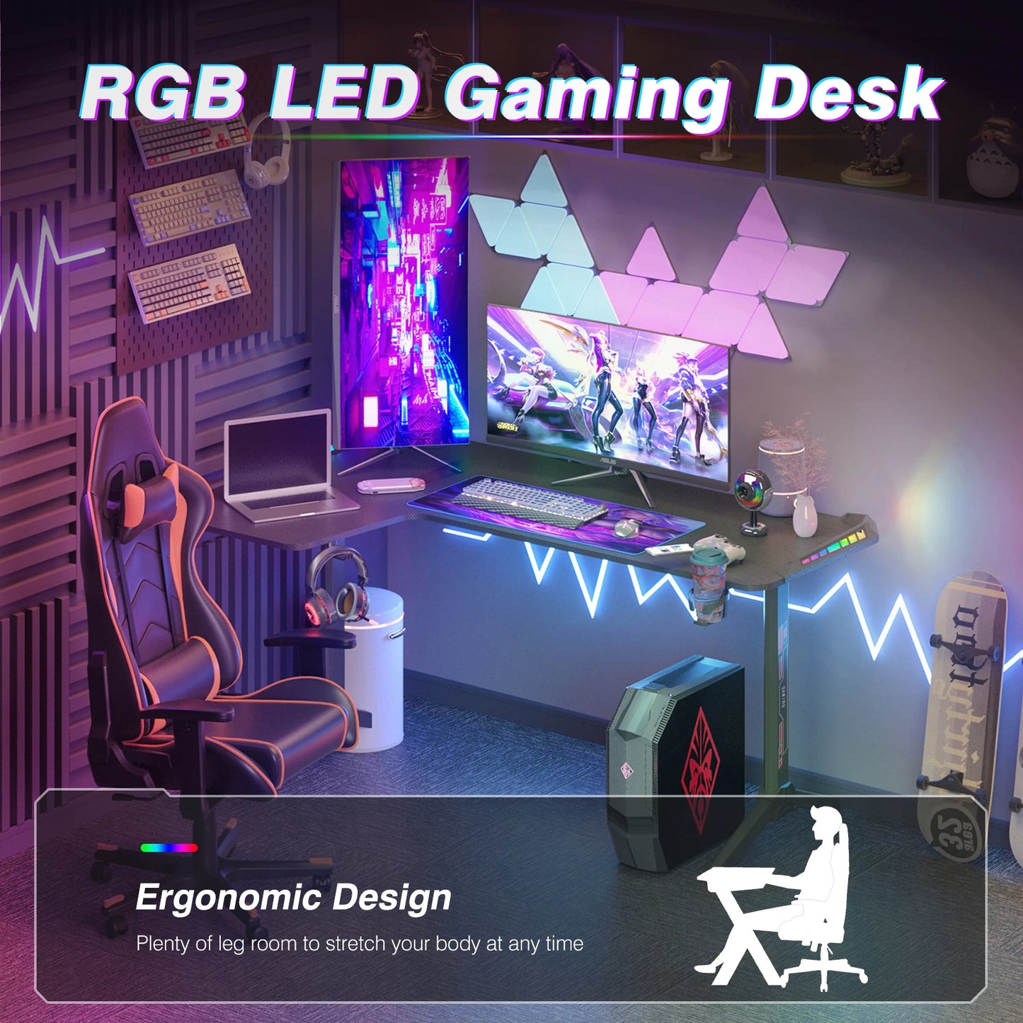 XXXL Large Corner Gaming Desk L Shape Gamer Computer Table RGB LED Lighted Table with Cup Holder and Headphone Hook