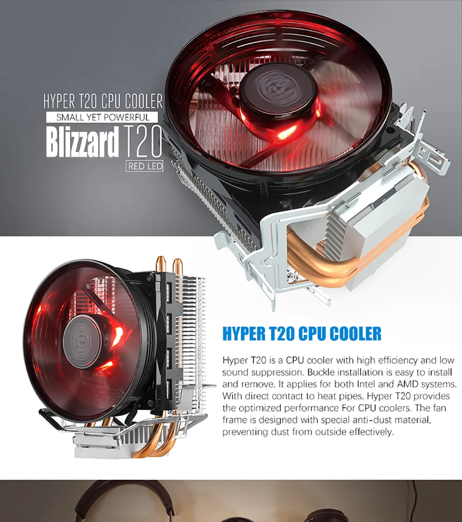 Cooler Master T20 CPU Cooler 2 Heat Pipes Low noise Radiator For LGA115X/1200/1700 AMD AM4/AM3 95.5mm Quiet Cooling Red LED Fan