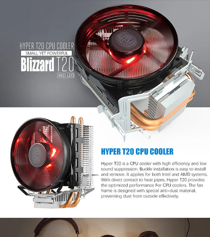 Cooler Master T20 CPU Cooler 2 Heat Pipes Low noise Radiator For LGA115X/1200/1700 AMD AM4/AM3 95.5mm Quiet Cooling Red LED Fan