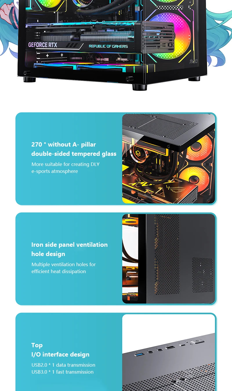 PADO YL M-ATX PC Case – 270° Panoramic Double-Sided Tempered Glass, Compact Aluminum Alloy Chassis