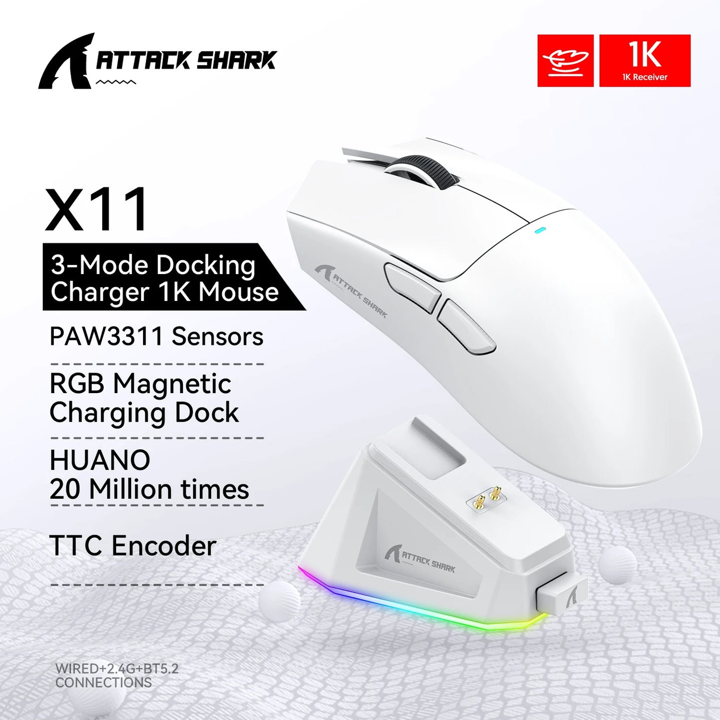 Attack Shark X11 Wireless Gaming Mouse – 22000DPI, RGB, Bluetooth, 3 Modes, Charging Dock