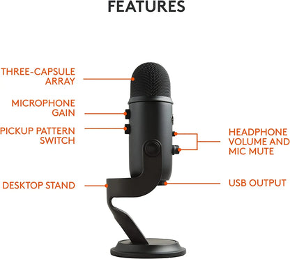 Blue Yeti USB Condenser Microphone – Noise Cancelling, 4 Pickup Patterns, Professional Recording Mic