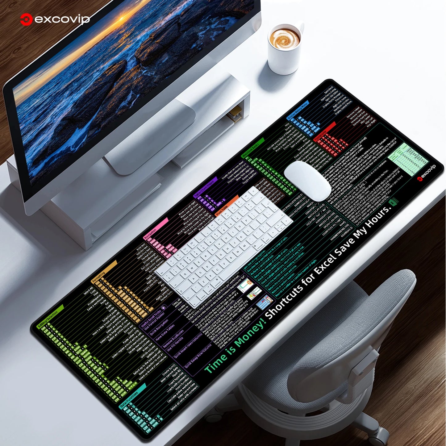 EXCO Excel Shortcuts Mouse Pad – Large Extended Desk Mat with Stitched Edge