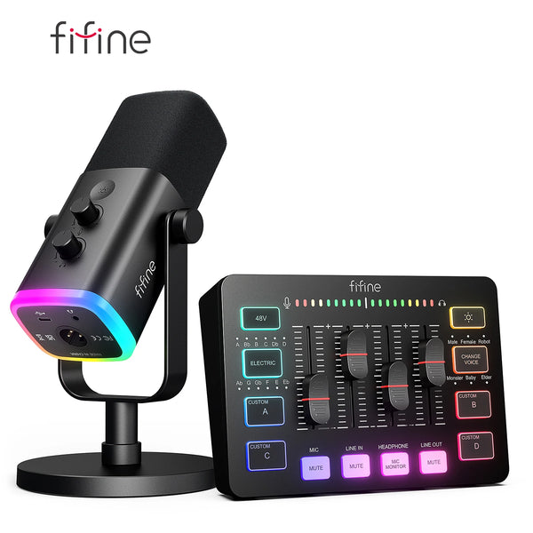 FIFINE All-in-One Podcast Kit with RGB Audio Mixer,Streaming