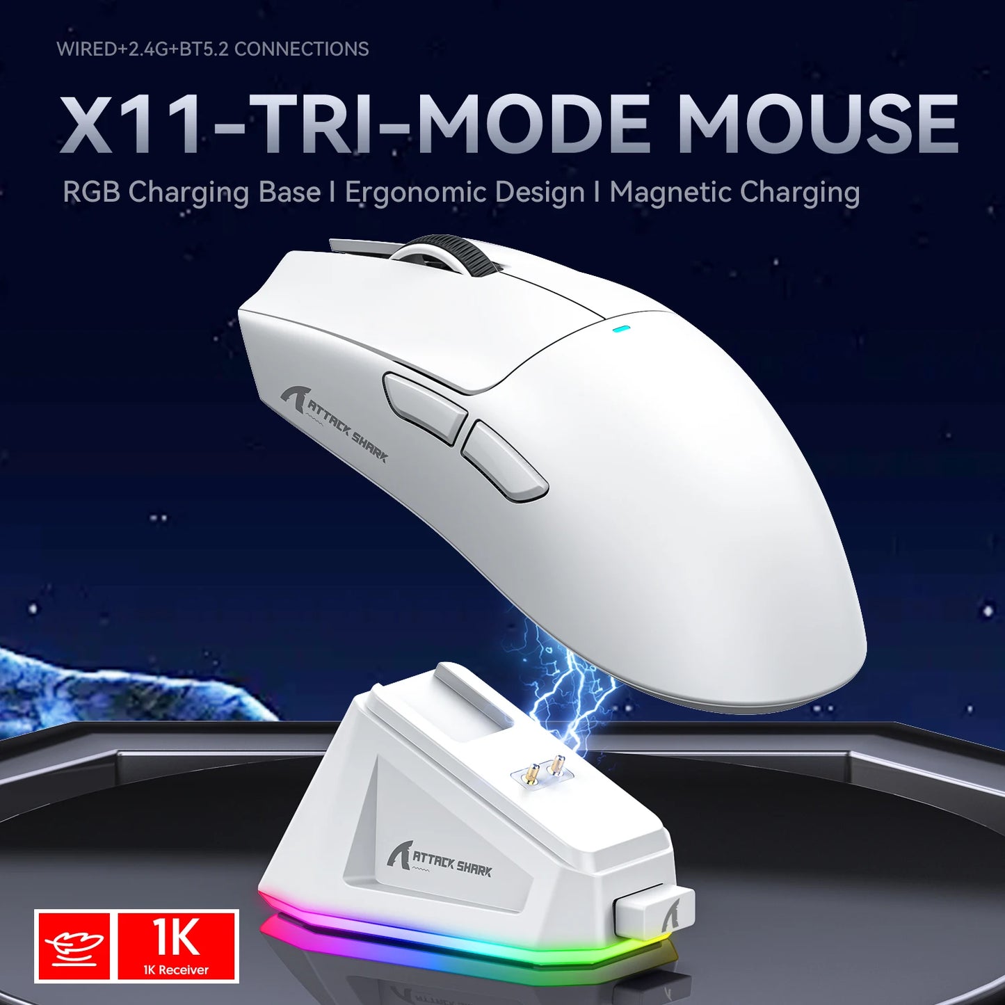 Attack Shark X11 Wireless Gaming Mouse – 22000DPI, RGB, Bluetooth, 3 Modes, Charging Dock