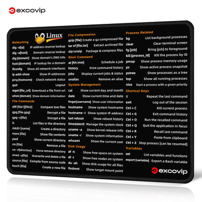 EXCO Linux Shortcuts Mouse Pad – 260x210mm, Non-Slip Rubber Base, Stitched Edge, Command Line Cheat Sheet